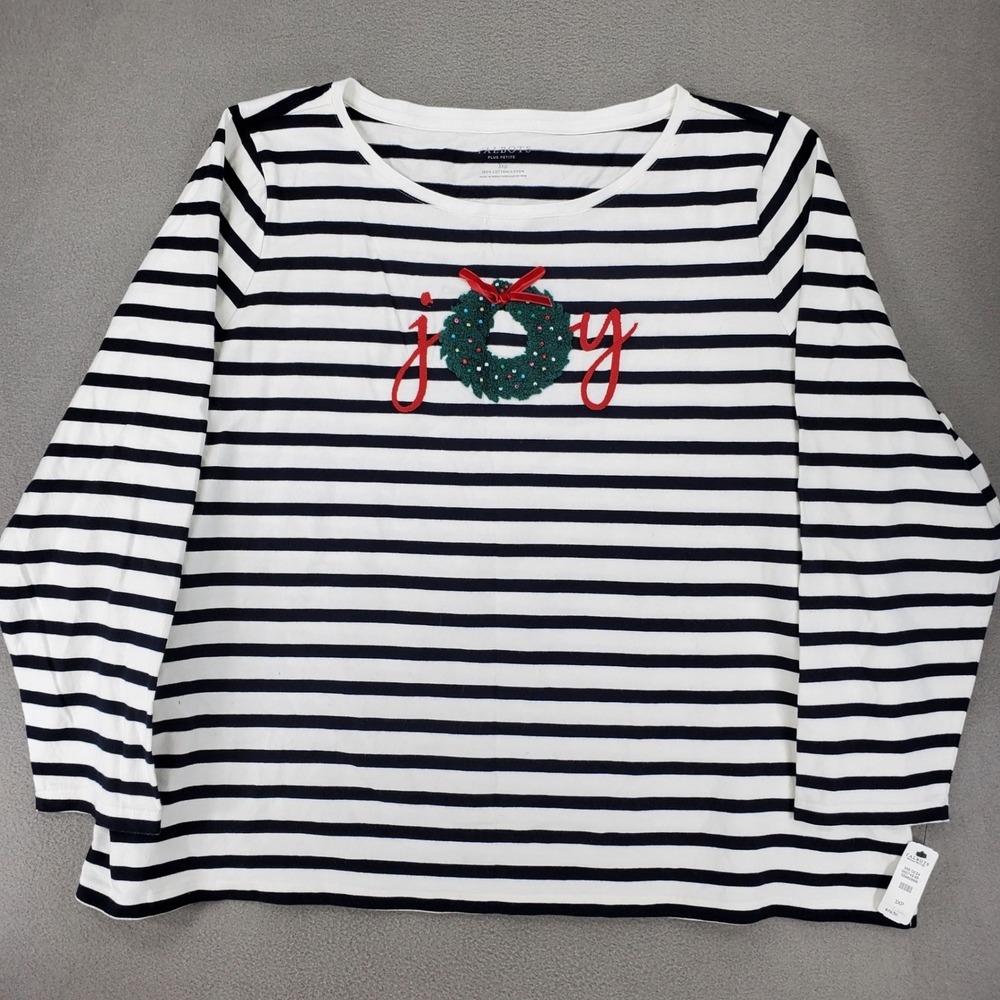 Talbots T-Shirt Women 3XP White Navy Blue Joy Wreath Christmas Holiday NEW